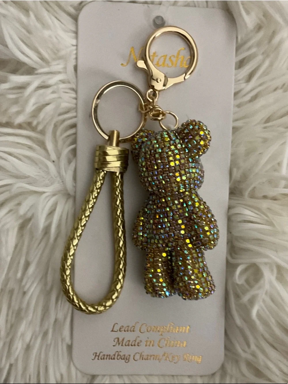 New Natasha Couture Gold Crystal Teddy Bear Keyring with Braided Strap